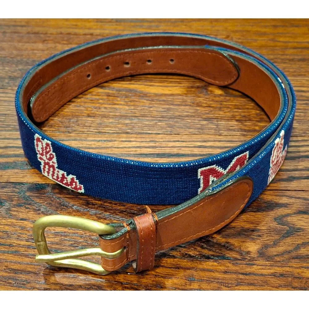 Smathers & Branson Ole Miss Needlepoint Belt Navy Mississippi Mens 36